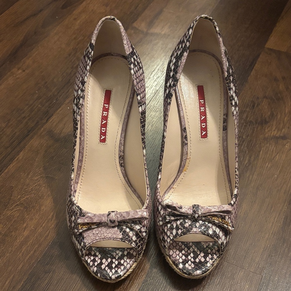 Prada Pink Snakeskin Peep-Toe Pumps with Bow Accent